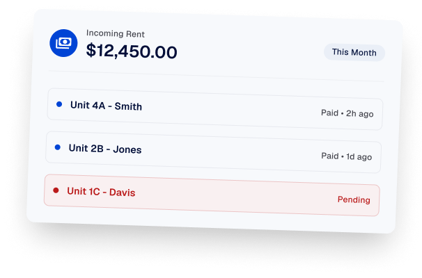 Incoming rent dashboard showing paid and pending units