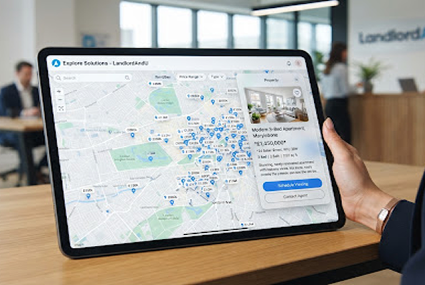 Rental marketplace map on a tablet showing selected property The Apex Residency