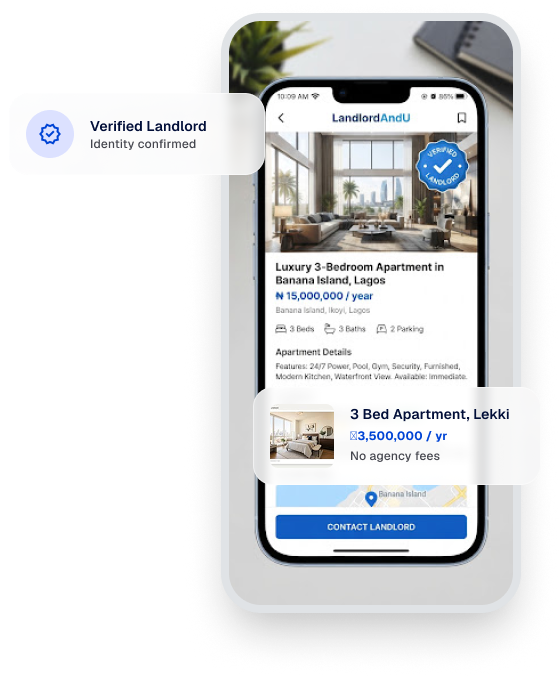LandlordnU app showing a luxury 3-bedroom apartment listing in Banana Island, Lagos